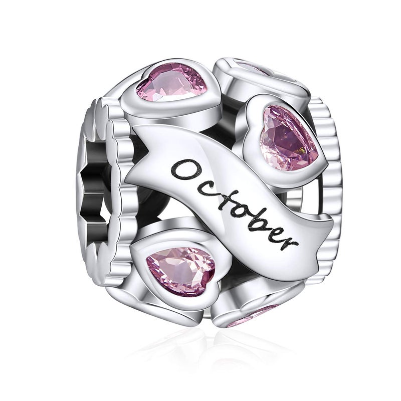 NINGAN October Birthstone Charms 925 Sterling Silver Love Heart Openwork Bead for Charm Bracelets and Necklaces with 5A Cubic Zirconia, Birthday Mothers Day Jewelry Gifts Women